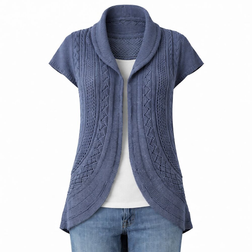 Denim Blue Open-Knit Cardigan Vest – Effortless Boho Layer
